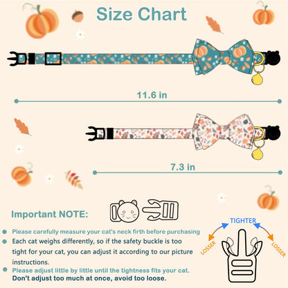 2 Pack Cotton Fall Cats Collar with Bow Tie Orange Green Cat Collars for Girl Female Boy Male Cat Collar with Bell Halloween Collars for Cats