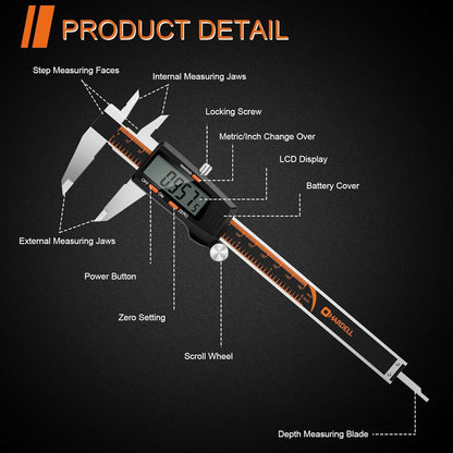 HARDELL Digital Caliper 6 Inch with Large LCD Screen, Calipers Measuring Tool with Auto-Off Feature, Inch/Millimeter Conversion, Electronic Vernier Caliper Micrometer for Jewelers/Woodworkers/DIY
