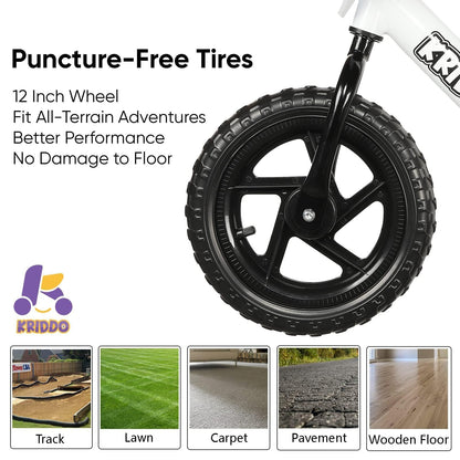 KRIDDO Toddler Balance Bike 2 Year Old, Age 24 Months to 5 Years Old, 12 Inch Push Bicycle with Customize Plate (3 Sets of Stickers Included), Gift Bike for 2-3 Boys Girls, White