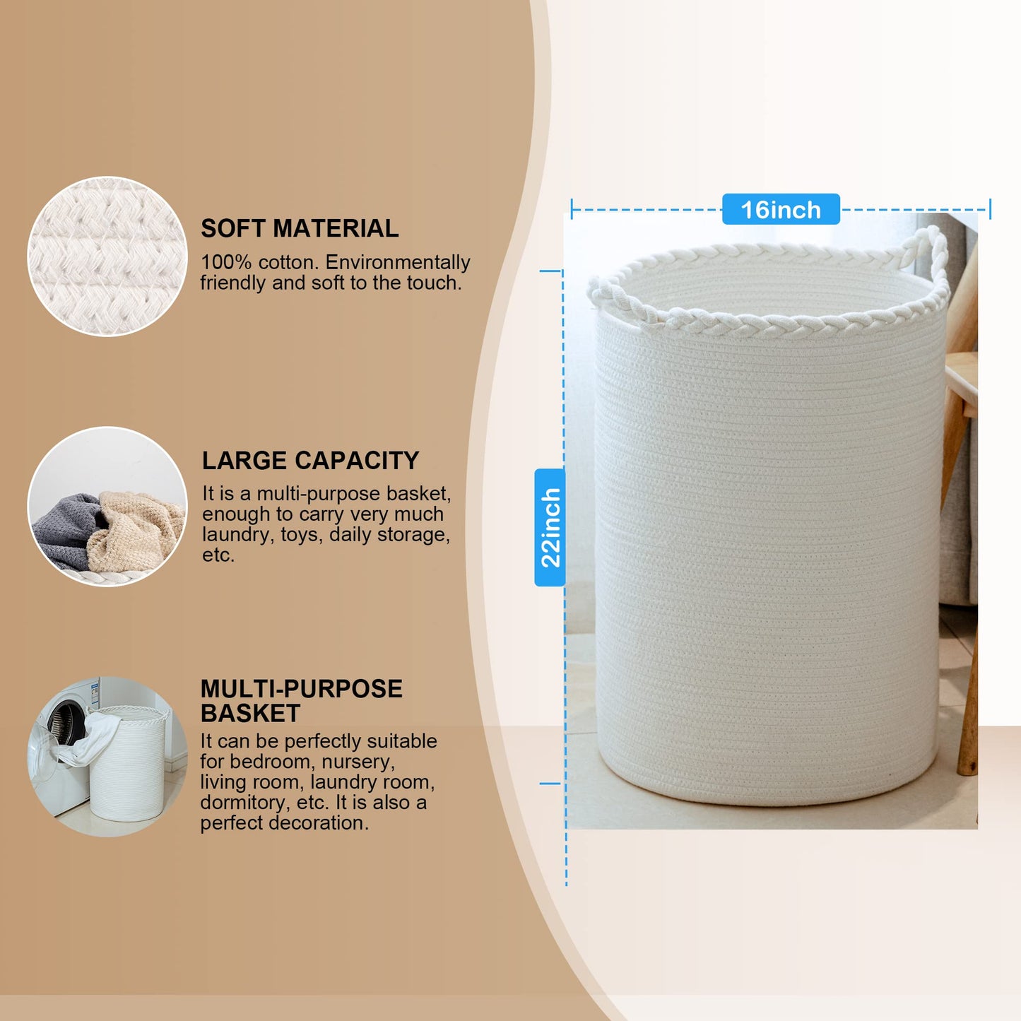 Homlikelan 72L Woven Laundry Hamper,Cotton Tall Wicker Laundry Basket for Blankets,Clothes,Pillows,Toys,Shoes Large Laundry Bin White