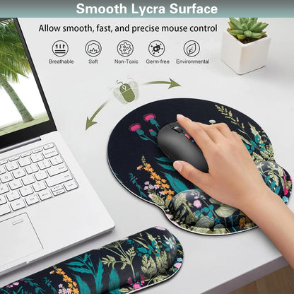 Mouse Pad with Wrist Rest Set, Qomolama 3-in-1 Wrist Support Mouse Pad Set, Floral Gaming Mousepad with Anti-Skid Base,Ergonomic Mouse Pad,Memory Foam Keyboard Gel Wrist Rest