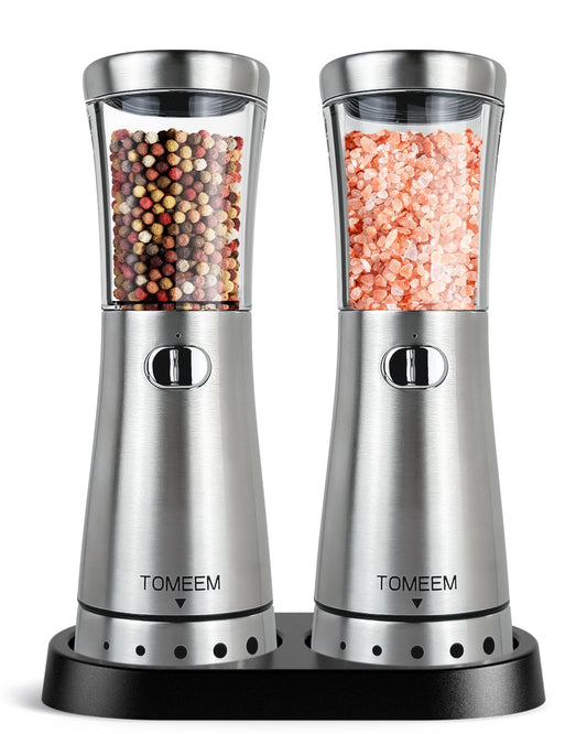Electric Salt and Pepper Grinder Set with Storage Base, Stainless Steel Rechargeable Salt and Pepper Grinder Set with 4.5 oz Large Capacity, 1.8" Wide Mouth, Adjustable Coarseness, Ideal for Kitchen