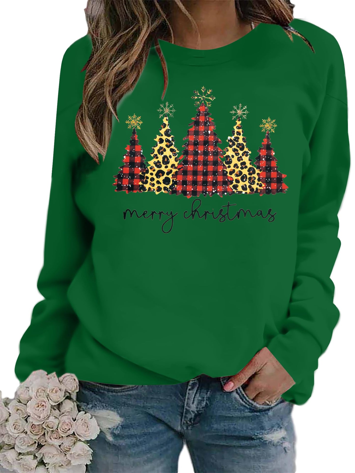 ASTANFY Merry Christmas Sweatshirt for Women Drop Shoulder Long Sleeve Christmas Tree Pullover Lightweight Shirt
