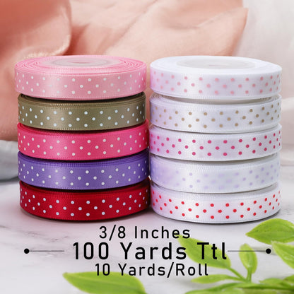 LaRibbons Polka Dot Satin Ribbon Variety Pack 100 Yards, 3/8" X 10 Yards/Roll Hot Pink Red Purple Khaki Assorted Ribbons for Crafts, Valentines, Gift Wrapping, Hair Bows