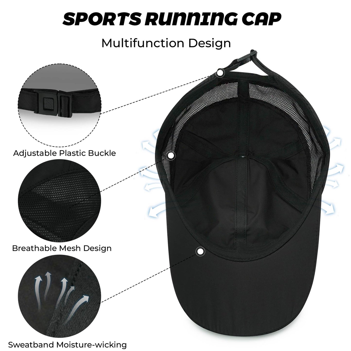 Croogo Quick Drying Sun Hat UPF 50+ Baseball Cap Summer UV Protection Outdoor Cap Men Women Sport Cap Hat, Black, 21.6-24.4 inch