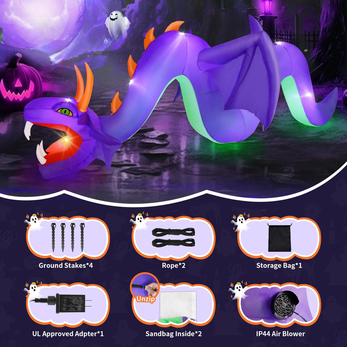 12FT Halloween Inflatables Outdoor Decoration, Large Flying Dragon with Openning Red Mouth Blow Up, Giant Outside Hanging Inflatable with 7 LEDs Light Up for Holiday Yard Lawn Patio Parties Display