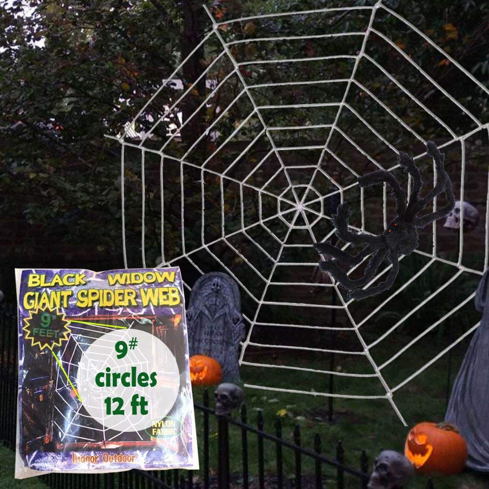 ESSENSON Halloween Decorations - 12 FT Giant Round Spider Web and Fake Large Hairy Spider Props Scary Halloween Yard Door & Outdoor Decor with Super Stretch Cobweb Decorations Party Favors