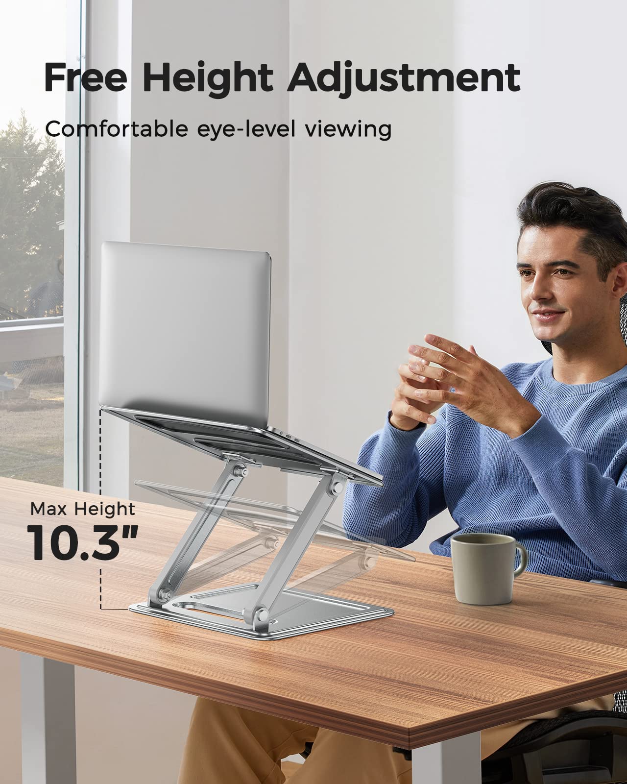 LORYERGO Laptop Stand for Desk, Adjustable & Foldable Laptop Riser for 10-15.6 Inch Laptops, Computer Stand for MacBook/Notebook, Portable Ergonomic Holder Up to 17.6lbs - Silver