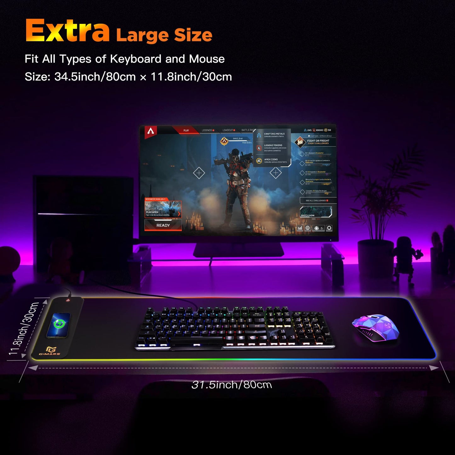 Gimars RGB Gaming Mouse Pad,15W Wireless Charging Mousepad with 10 Light Modes, Large Mousepad with Premium Smooth Surface, Non-Slip Mouse Mat for Gaming, Desk, PC,Office, 31.5x11.8x0.16inch