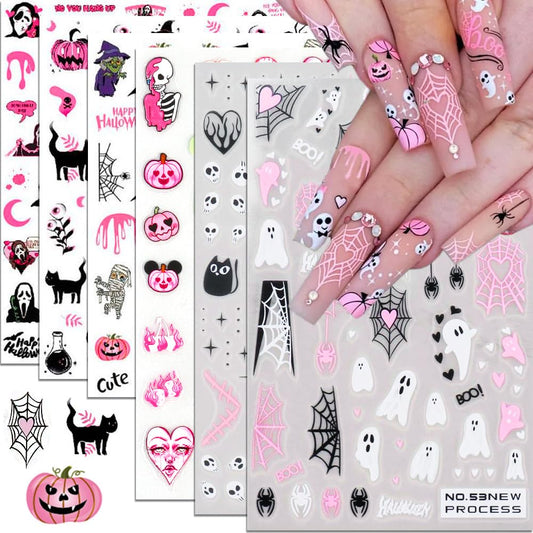 Halloween Nail Stickers, Halloween Nail Art Decals 3D Self-Adhesive Pink Ghost Skull Spider Pumpkin Nail Design DIY Holiday Nail Decoration for Party (6 Sheets)