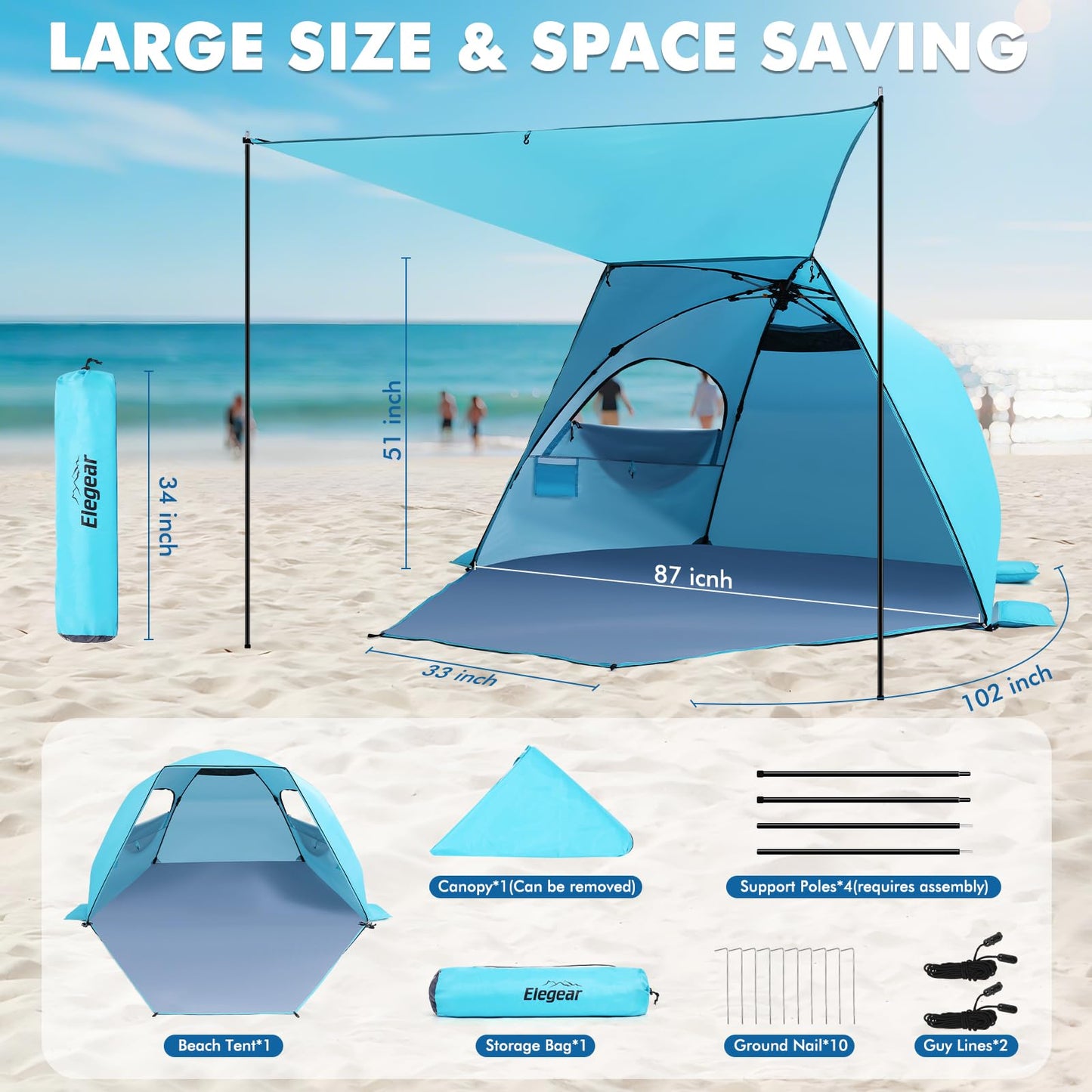 Elegear Beach Tent with Canopy 4-6 Person, 1-Second Umbrella-Style Setup Pop Up Sun Shelter Shade, UPF 50+ UV Protection Four-Layer Silver-Coated Lightweight Portable Beach Cabana - Aqua Blue