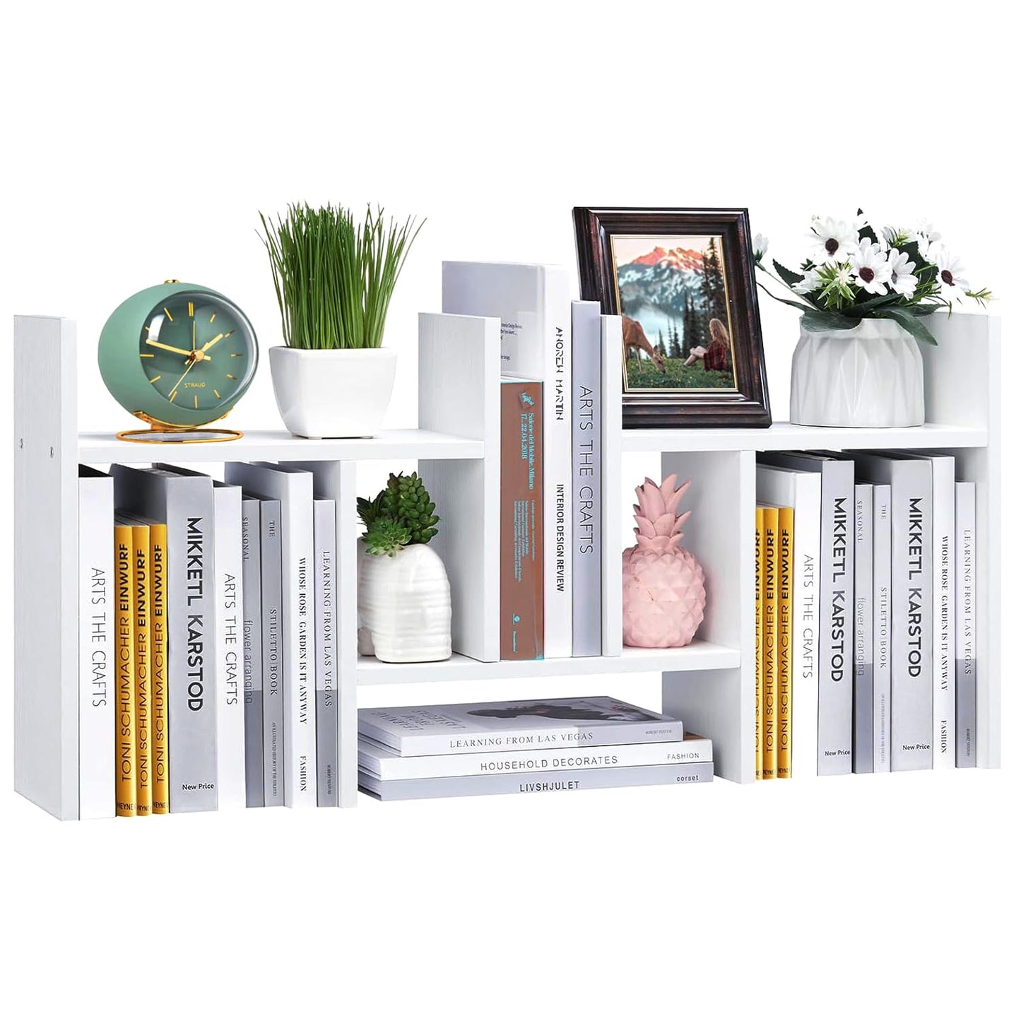 Meikuler Desktop Shelf Organizer, Adjustable Wood Display Desk Shelf, Office Storage Rack Tabletop Bookshelf Multipurpose Shelves for Home Decor, Office, Gifts (Solid White)