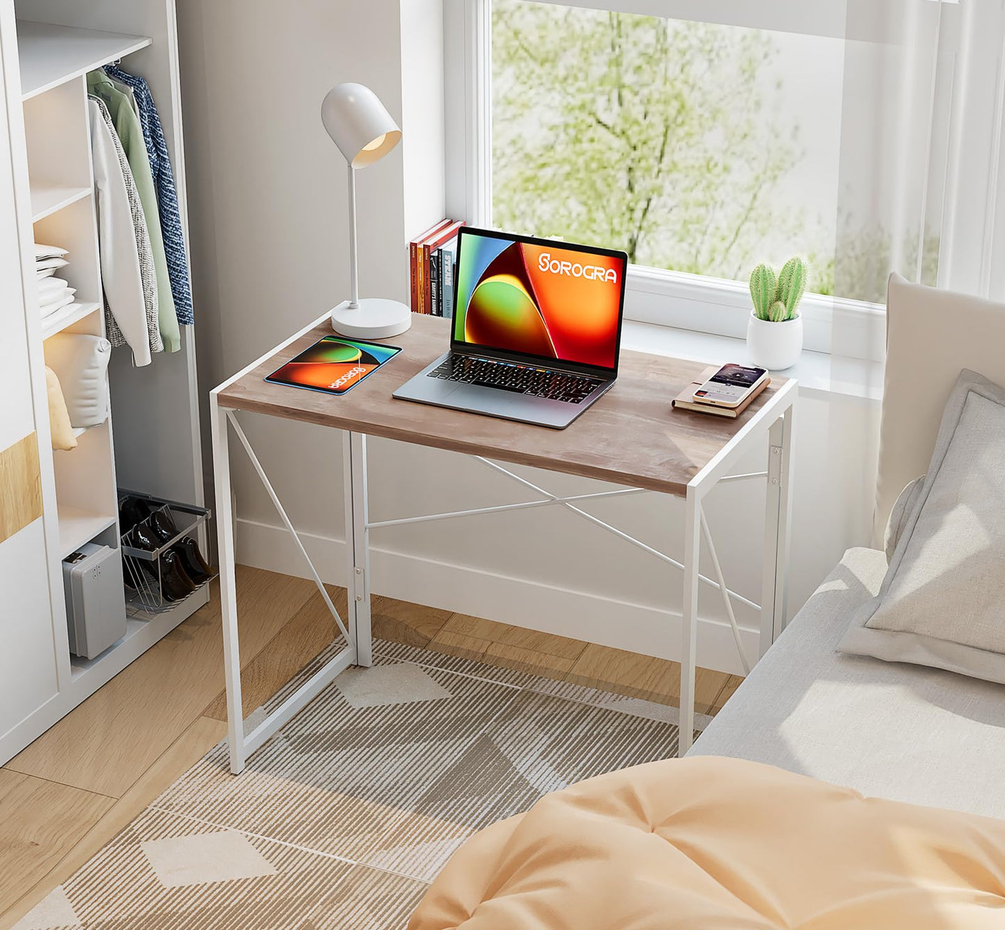 Coavas Folding Desk 31.5 inch Foldable Small Portable Computer Desks, Spaces Saving Writing Sturdy Table for Bedroom, Home Office, Dorm, Apartment, Pre Assembled, Oak