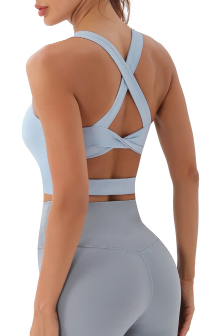JOYSPELS Sports Bras for Women Extra Comfort Criss-Cross Back Padded Workout Tops for Women Medium Support Light Blue