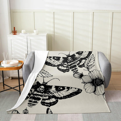 Death Moth Flannel Blanket for Boys Girls Adult,Gothic Death Skull Fleece Blanket Warm Throw, Youth Bohemian Throw Blanket 90"x90" Ultra Soft, Skeleton Bones Plush Blanket Bedroom Decor