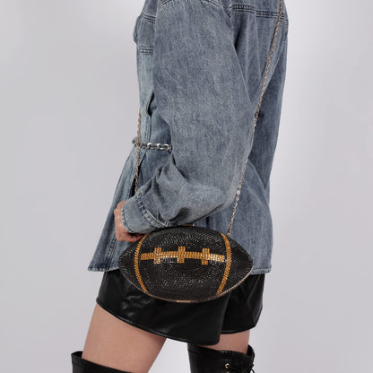 Gripit Bling Rhinestone Football Shaped Rugby Quirky Bag Purse Novlety Chain Purse Shoulder Handbag with Crystal for Women Girls,Black
