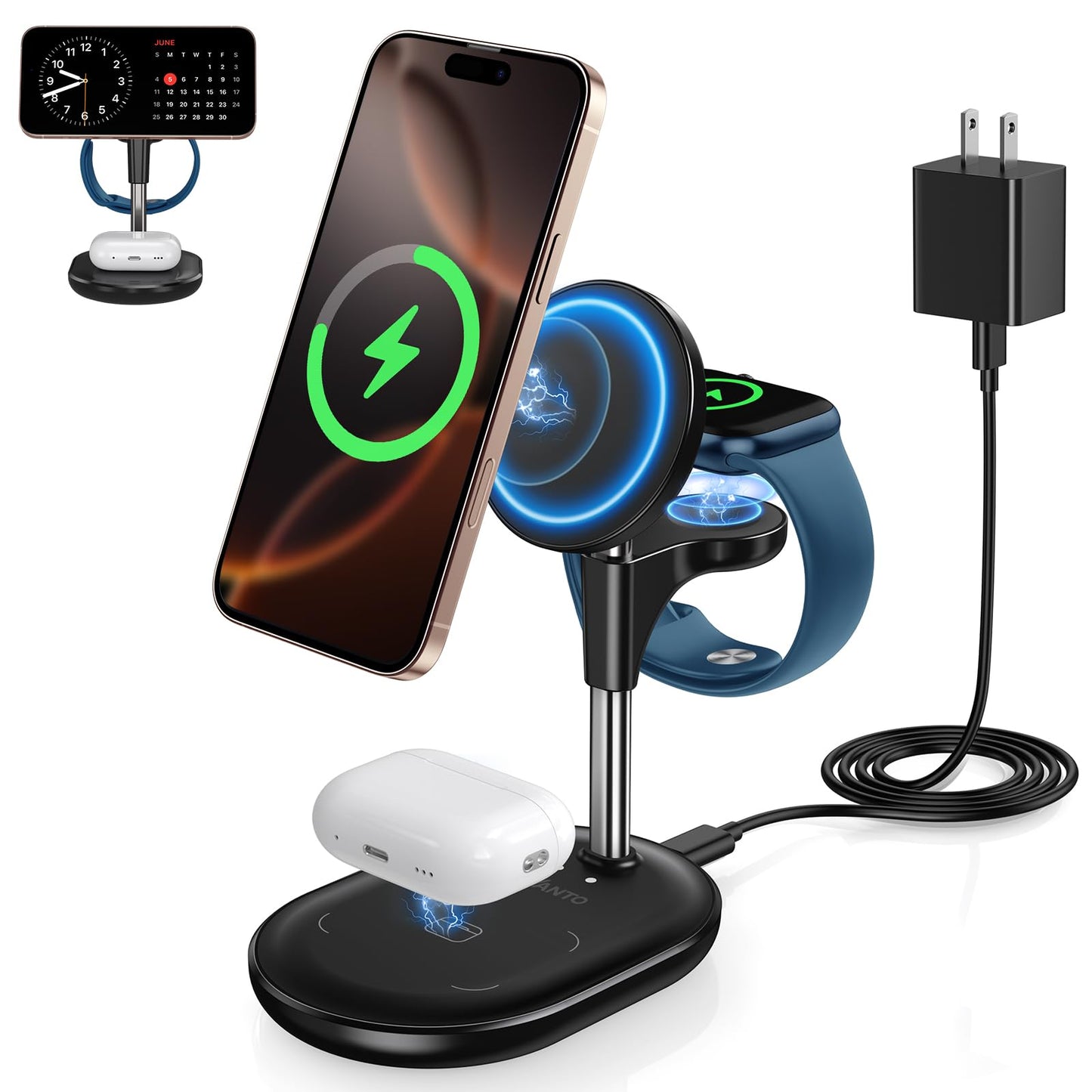 Hevanto 3 in 1 Wireless Charging Station for Apple MagSafe Charger, 15W Fast Qi-Certified Magnetic Mag-Safe Charger Stand for iPhone 16 15 14 13 12 Apple Watch AirPods, Adjustable Angle,Gifts for Men