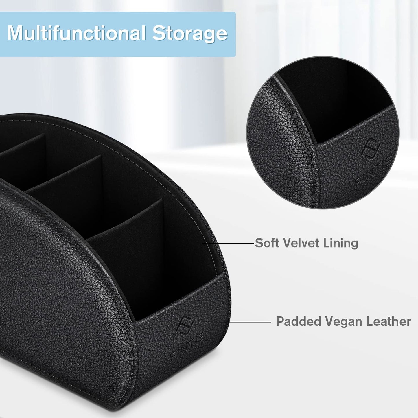 Fintie Remote Control Holder, 5 Compartments Vegan Leather TV Remoter Caddy Desktop Organizer Makeup Brush Holder Storage Fits TV Remotes, Media Controllers, Office Supplies(Black)