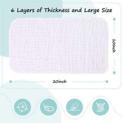 HIPHOP PANDA 10 Pack 6-Layers Muslin Burp Cloths Large - Durable 100% Cotton - Baby Essentials Extra Absorbent and Soft Boys & Girls Rags for Newborn Registry (White, 20" X10")