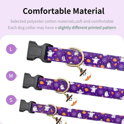 Gelwoo Fall Dog Collar,Soft and Cute Halloween Collars with Ghost Patterned Design for Girl Female Boy Dogs,Adjustable Buckle Pet Collar for Small Medium Large Dogs (Purple Ghost, S)