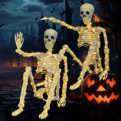 2 Pack 36 Inches Halloween Skeleton Decoration, 3 FT Light Up Halloween Skeletons Full Body with Movable Posable Joints for Decor Outdoor Indoor Yard Garden Lawn (with White Light)
