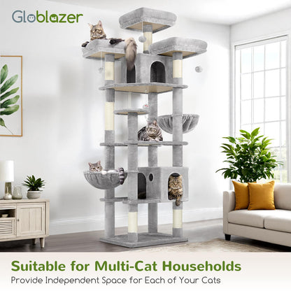 Globlazer Cat Trees and Towers for Multiple Adult Cats, 82-inch XXL Tall Cat Tree Tower for Indoor Cats with Scratching Post, 3 Perches, 2 Condos, 2 Hanging Baskets, F82, Light Grey