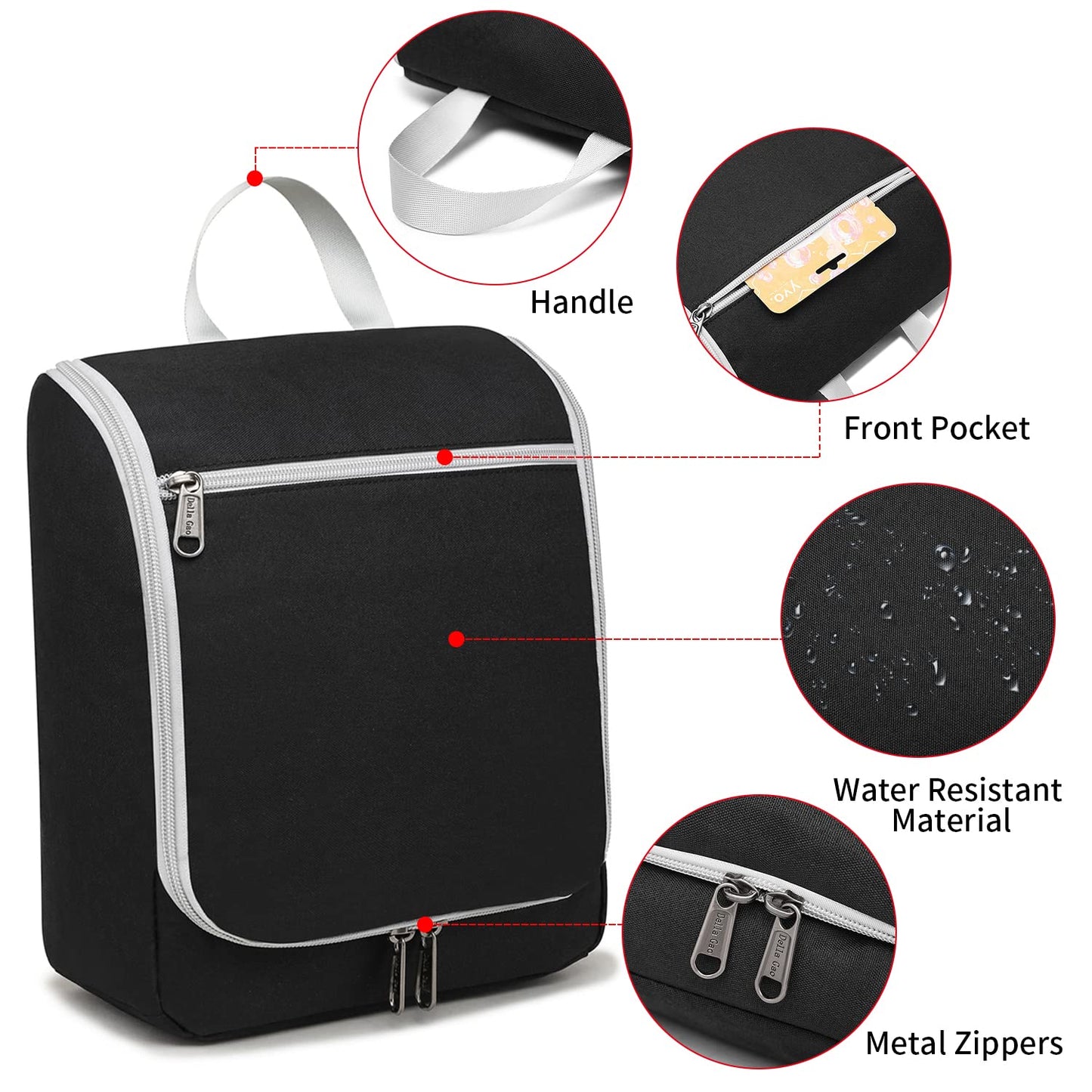 Della Gao Black Water Repellent Polyester Hanging Toiletry Bag for Travel