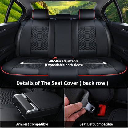 Coverado Seat Covers Full Set, Waterproof Nappa Leather Seat Covers for Cars, 5 Seats Universal Car Seat Protectors, Black Car Seat Covers Car Seat Cushions Fit for Most Cars (Black&Red)