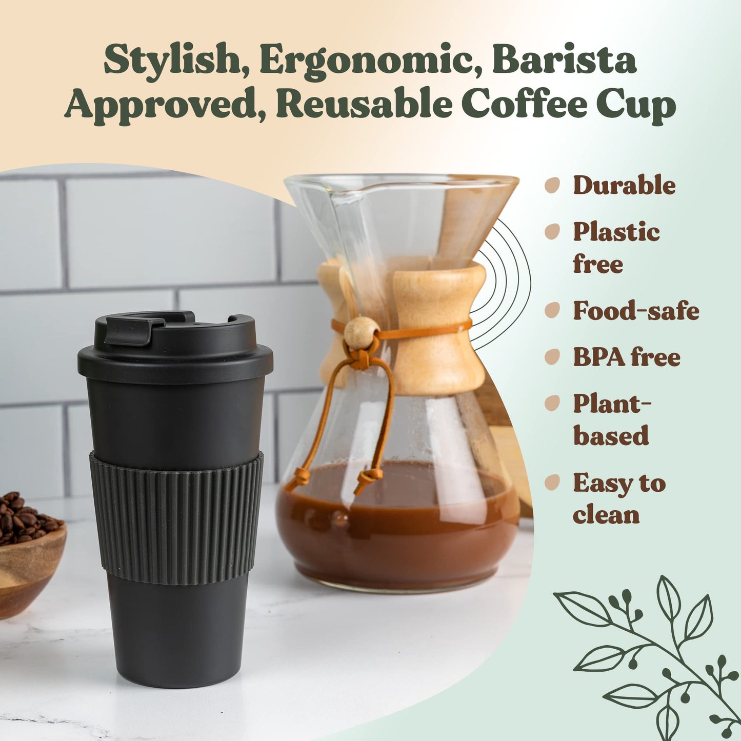 FEBU Plant-Based Reusable Coffee Cup with Lid and Sleeve | 16oz, Moon Black | Portable Travel Mug made from Bamboo | Dishwasher Safe, Compostable, Plastic Free with Leak-Proof Screw-on Lid