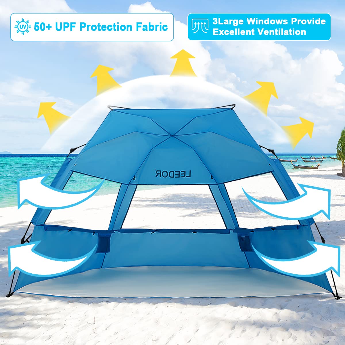 Leedor Beach Tent Sun Shelter Instant Beach Umbrella Easy with UPF 50+ UV Portable Windproof Pop Up Shade for 3 to 4 Person for Family Patent Pending