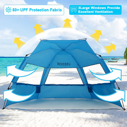 Leedor Beach Tent Sun Shelter Instant Beach Umbrella Easy with UPF 50+ UV Portable Windproof Pop Up Shade for 3 to 4 Person for Family Patent Pending