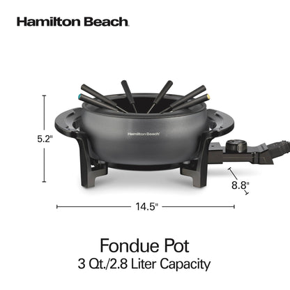 Hamilton Beach 12 Cup Electric Fondue Pot Set with Temperature Control, 6-Color Coded Forks, for Cheese, Chocolate, Hot Oil, Broth, 3 Quart PFAS-Free Nonstick Interior, Gray (86202)