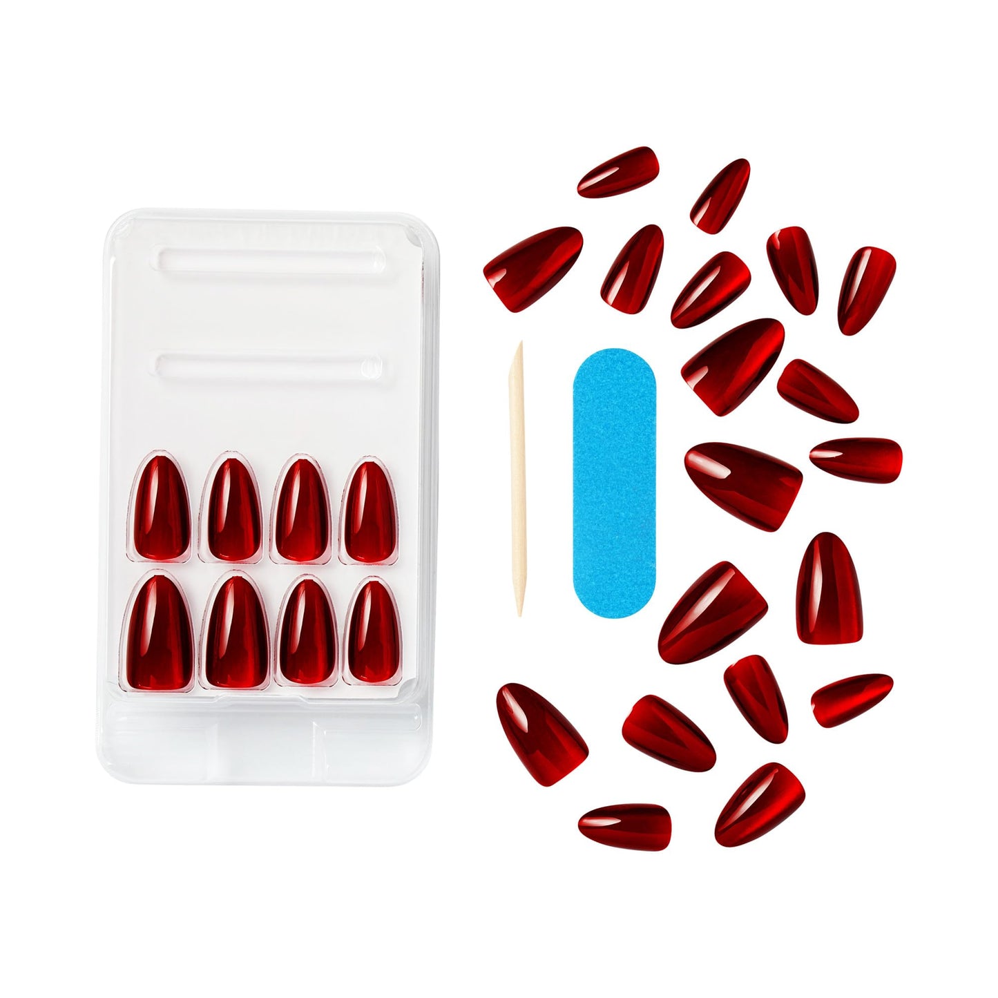 KISS Gel Fantasy Magnetic Press On Nails Almond, Solid Red, Medium Length, 28 Fake Nails, Pink Gel Nail Glue (Net Wt. 2 G / 0.07oz.), Manicure Stick, and Mini Nail File