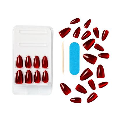 KISS Gel Fantasy Magnetic Press On Nails Almond, Solid Red, Medium Length, 28 Fake Nails, Pink Gel Nail Glue (Net Wt. 2 G / 0.07oz.), Manicure Stick, and Mini Nail File
