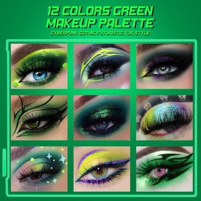 Green Eyeshadow Makeup Palette, 12 Color Green Holographic Glitter Eyeshadow with Matte Shimmer Finish for Hazel Eyes, High Pigment Silky Long Last Neon Yellow Blue Eye Shadow for Daily,Party,Cos,Goth