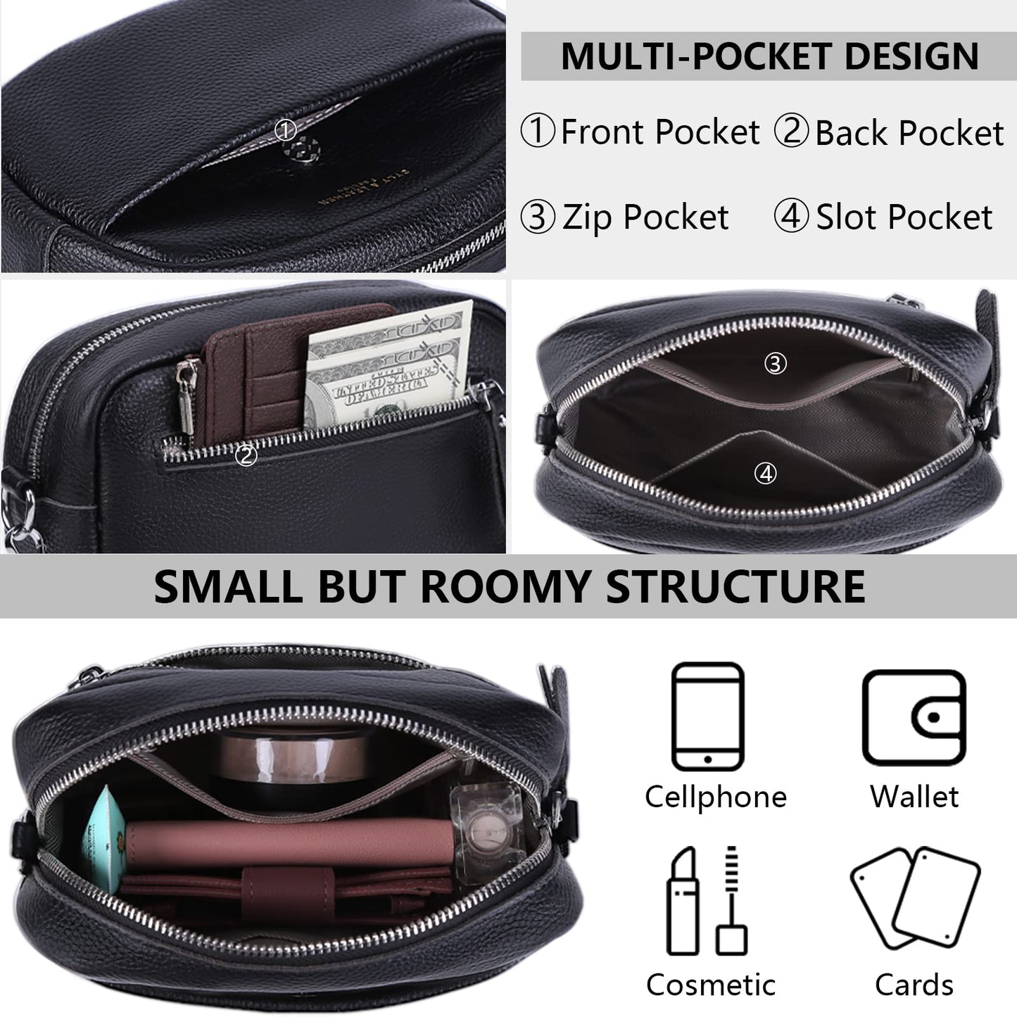 Crossbody Bag for Women Genuine Leather Wide Strap Shoulder Bag Purse Trendy Design Camera Crossbody Purse Top Zip