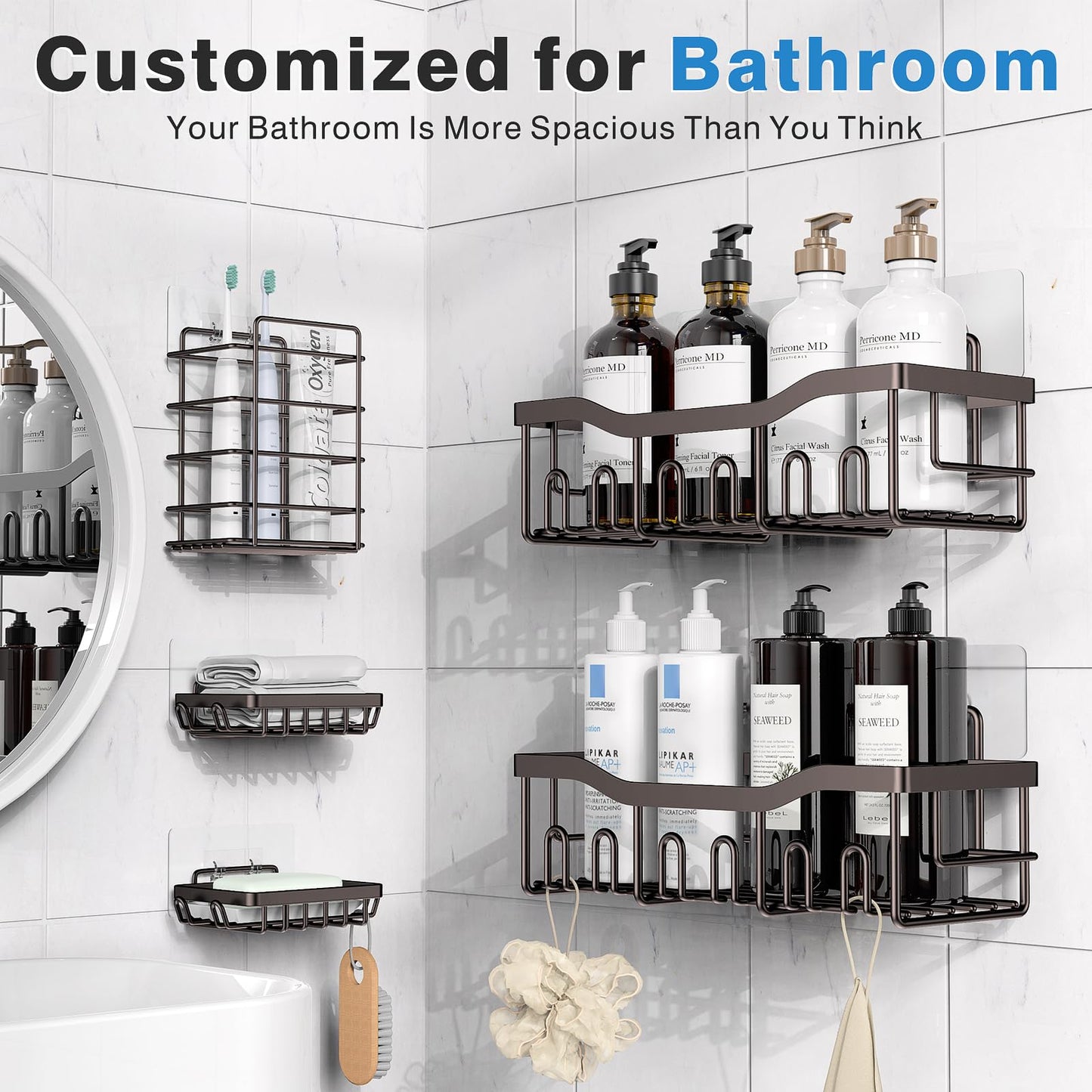 EUDELE 5-Pack Rustproof Stainless Steel Shower Caddy – No Drill Adhesive Bathroom Organizer with Large Capacity, Spacious Shower Shelves for Inside Shower, Kitchen & Home Decor Storage-XL Size