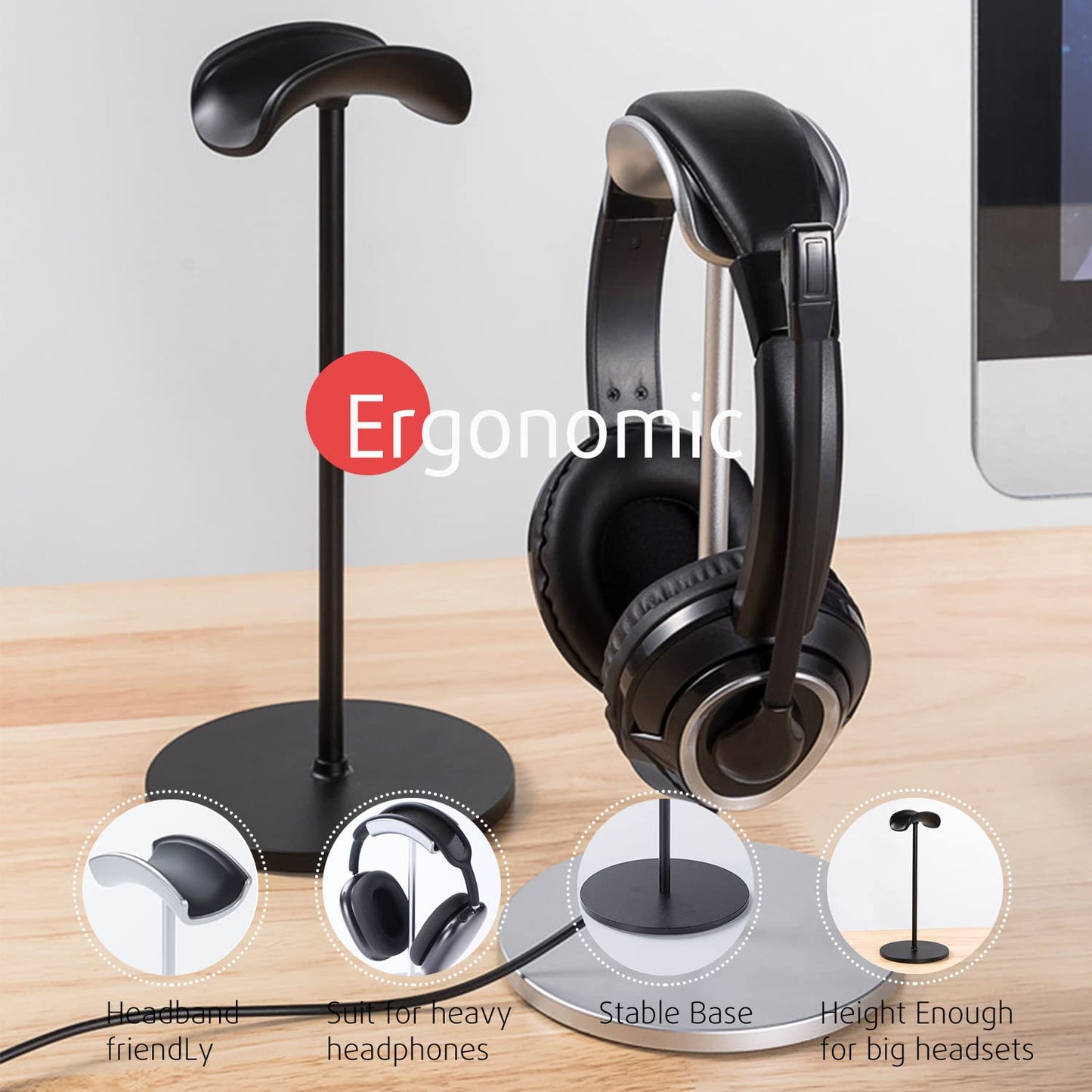 G.CATACC Headphone Stand for Desk, Anti-Slip Earphone Headset Holder for Apple, Bose, Sony, Philips, Sennheiser, Beats Gaming Over-ear Headphones - Black