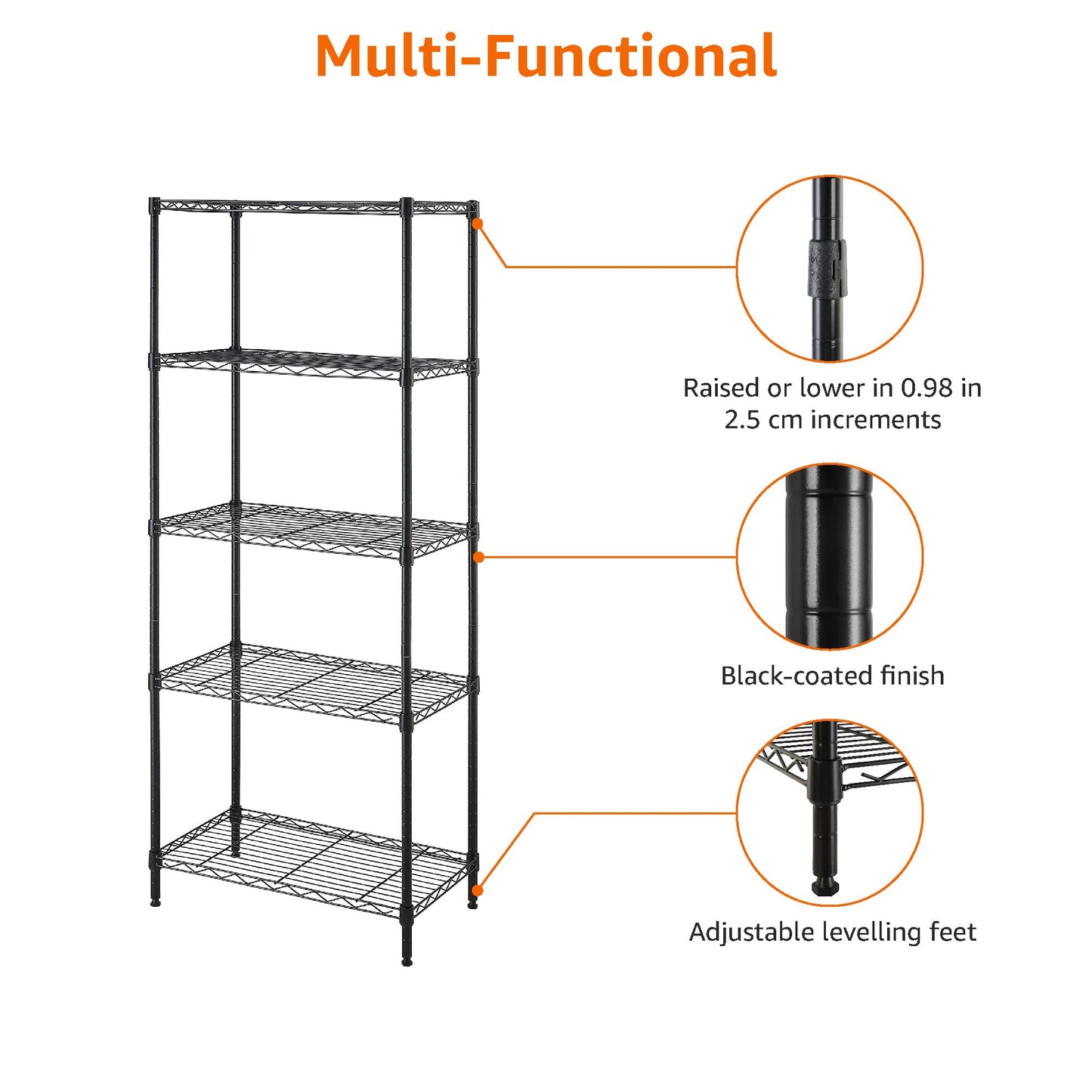 Amazon Basics 3-Shelf Adjustable Heavy Duty Steel Wire Rack Storage Shelving Organizer for Kitchen, Garage, 23.2" L x 13.4" W x 30" H, Black