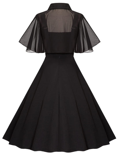 Milreason 1950s Dresses for Women Vintage Goth Swing Cocktail Dress with Pockets and Chiffon Shawl Black