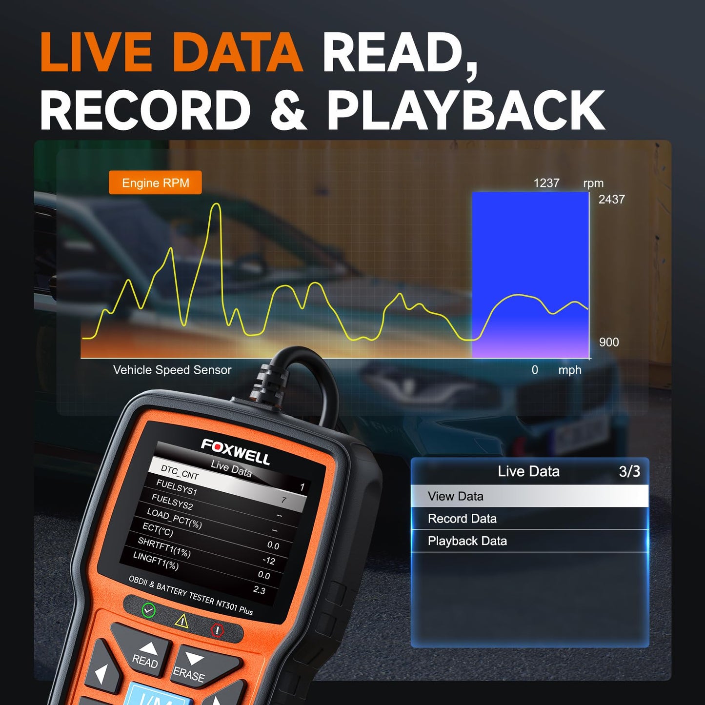 FOXWELL NT301 Plus 2-in-1 OBD2 Scanner Battery Tester, Professional Check Engine Code Reader Car Diagnostic Tool, Live Data, 12V 100-1100CCA Cranking Charging Analyzer for 1996 or Newer Vehicle