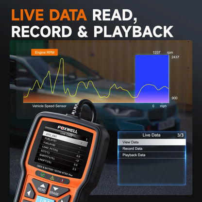 FOXWELL NT301 Plus 2-in-1 OBD2 Scanner Battery Tester, Professional Check Engine Code Reader Car Diagnostic Tool, Live Data, 12V 100-1100CCA Cranking Charging Analyzer for 1996 or Newer Vehicle