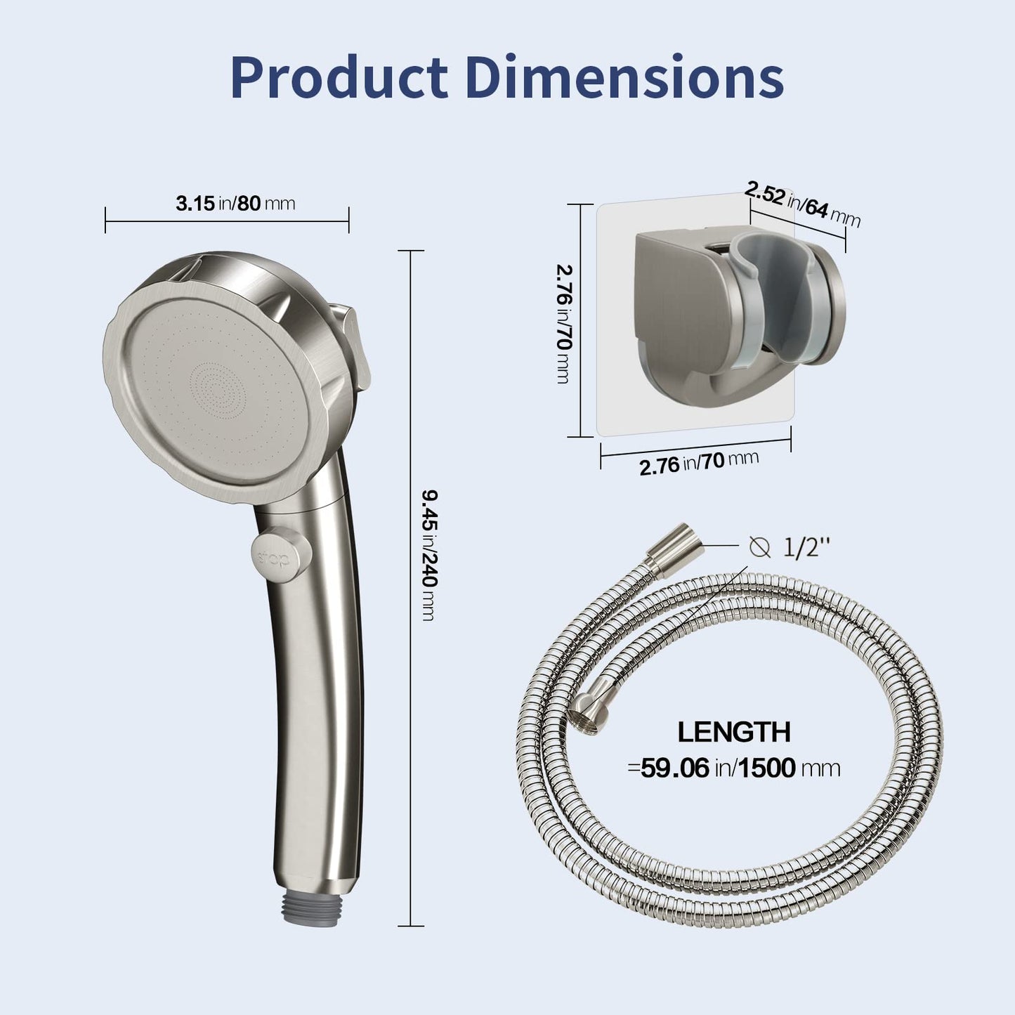 HANLIAN High Pressure Shower Head with Pause Button, 3 Spray Modes Shower Head for RV Camper, Water Saving On Off Shower, Handheld Shower Head with Hose and Self-adhesive Holder (Brushed Nickel)