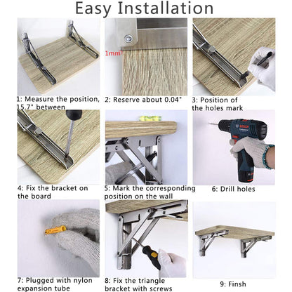 Folding Shelf Brackets, Max Load 300 lb, Heavy Duty Stainless Steel Collapsible Wall Mounted Shelf Brackets for Table, Space Saving DIY Bracket, Pack of 2 (2, Foldable 12")