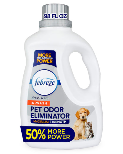 Febreze Laundry Detergent Additive for Pet Supplies, Maximum Strength In Wash Pet Odor Eliminator, Designed to Remove Tough Odors in Fabrics and Clothing in a Single Wash, Fresh Scent, 98 fl oz