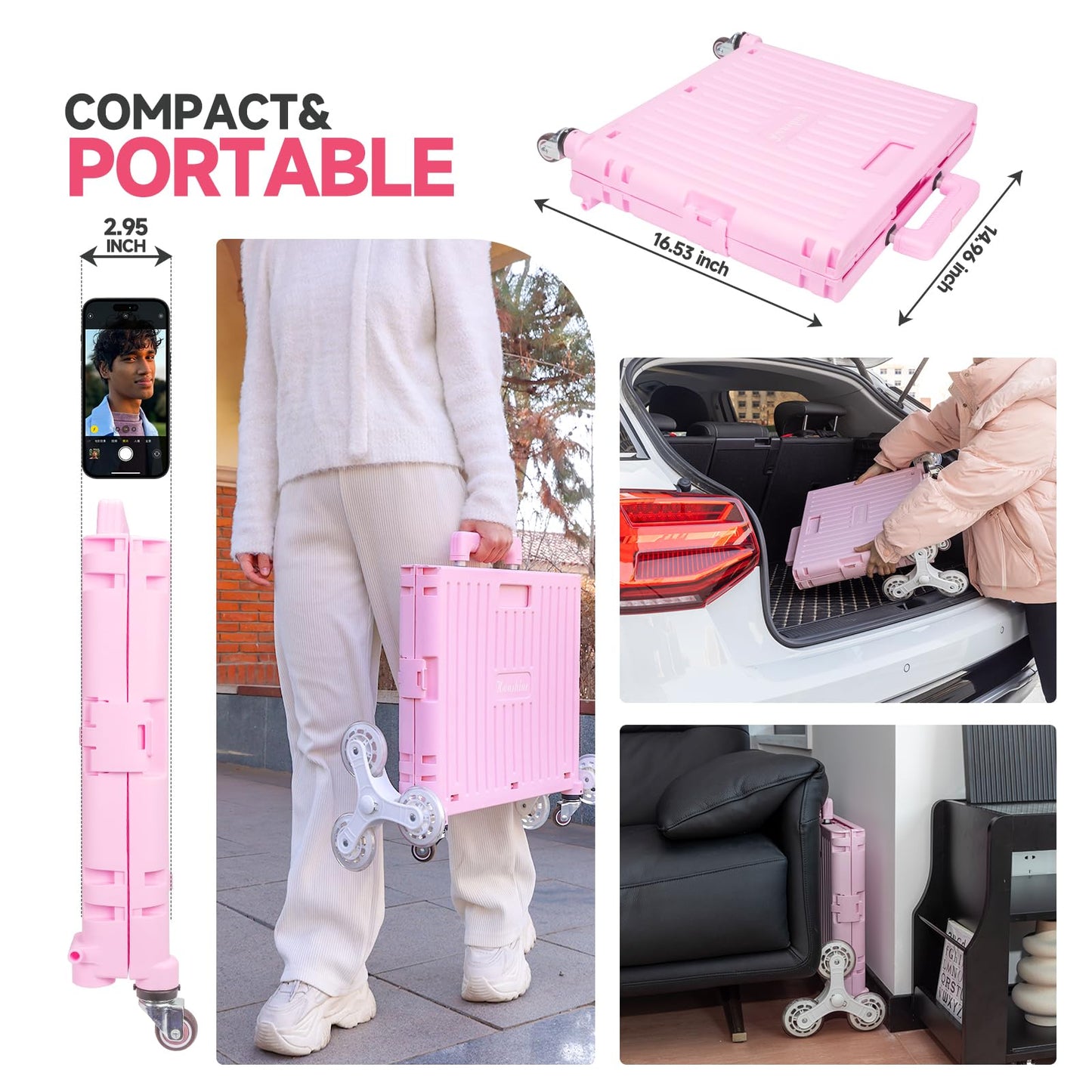 Foldable Rolling Cart for Stair Climbing: Rolling Crate for Grocery File Office Book (Pink)