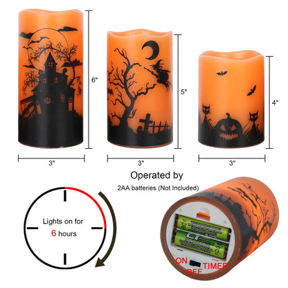 GenSwin Halloween Candles with Timer, Flickering Flameless Candles Battery Operated, 3 Pack Real Wax Pillar Candles for Halloween Home Decorations(D3” x H4”5”6”)