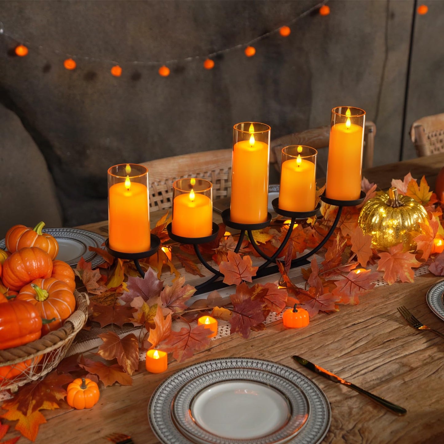 Homemory Halloween Orange Flameless Candles, Battery Operated LED Candles with Remote and Timer, Candles for Halloween Decoration, Fall, Harvest Festival, Set of 5