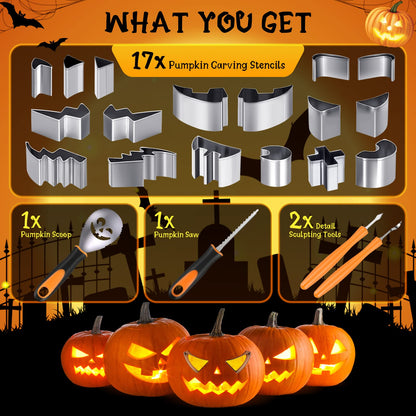 Halloween Pumpkin Carving Kit, 21 PCS Safe and Easy Pumpkin Carving Tools with Stainless Steel Stencils for Halloween Decoration, DIY Cookie Cutters for Kids Adults