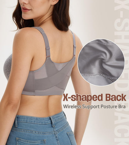 HACI Women's Front Closure Posture Bra Full Coverage Back Support Wireless Unpadded(Grey,46DDD)